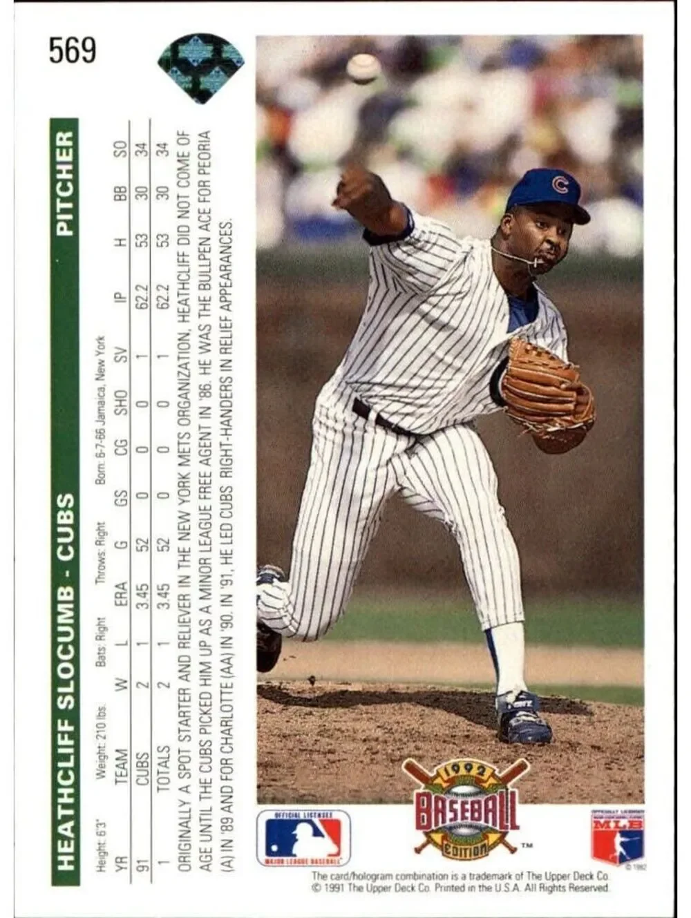 Heathcliff Slocumb 1992 Upper Deck MLB #569 Baseball Card Chicago Cubs